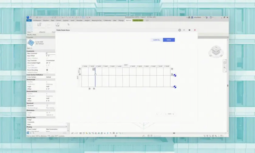 Software interface showing a grid editor for adjusting vertical and horizontal grid lines on a curtain wall in a building design program.
