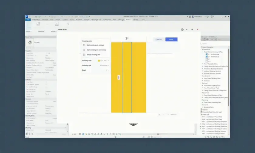 Autodesk Revit software interface showing Prefab Studio cladding editor with options to split or merge cladding cells and adjust color, type, and depth.