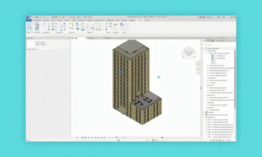 3D architectural model of a high-rise building with a smaller adjacent structure displayed in Autodesk Revit software interface.