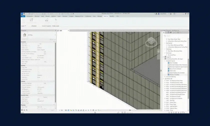 Autodesk Revit 3D view of a building's exterior with a properties panel on the left and a project browser panel on the right.